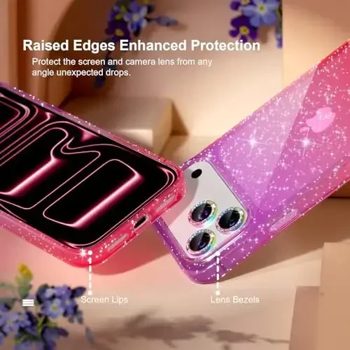 Choiche Compatible for iPhone 17 Pro Case, Women Cute Clear Glitter Bling Sparkly Case, [3 x Diamond Camera Lens Protectors] [2 x Tempered Glass Screen Protectors] 6.3-inch (Glitter Purple/Pink) - 4