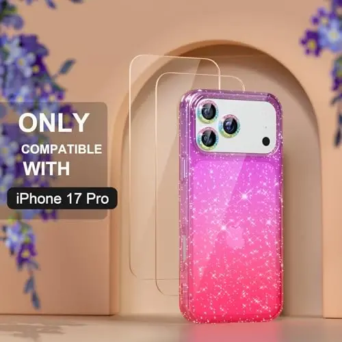 Choiche Compatible for iPhone 17 Pro Case, Women Cute Clear Glitter Bling Sparkly Case, [3 x Diamond Camera Lens Protectors] [2 x Tempered Glass Screen Protectors] 6.3-inch (Glitter Purple/Pink) - 2