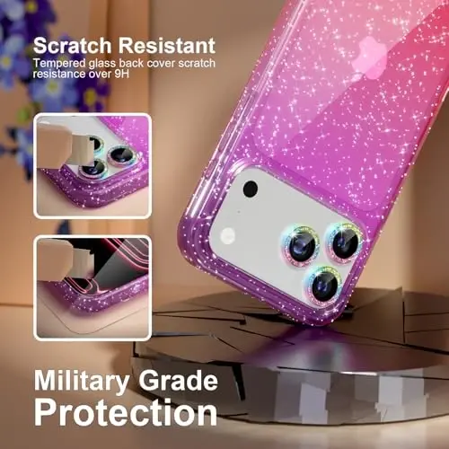 Choiche Compatible for iPhone 17 Pro Case, Women Cute Clear Glitter Bling Sparkly Case, [3 x Diamond Camera Lens Protectors] [2 x Tempered Glass Screen Protectors] 6.3-inch (Glitter Purple/Pink) - 5