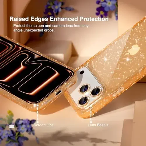 Choiche Compatible for iPhone 17 Pro Case, Women Cute Clear Glitter Bling Sparkly Case, [3 x Diamond Camera Lens Protectors] [2 x Tempered Glass Screen Protectors] 6.3-inch (Glitter Gold) - 4