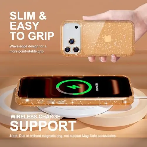 Choiche Compatible for iPhone 17 Pro Case, Women Cute Clear Glitter Bling Sparkly Case, [3 x Diamond Camera Lens Protectors] [2 x Tempered Glass Screen Protectors] 6.3-inch (Glitter Gold) - 6