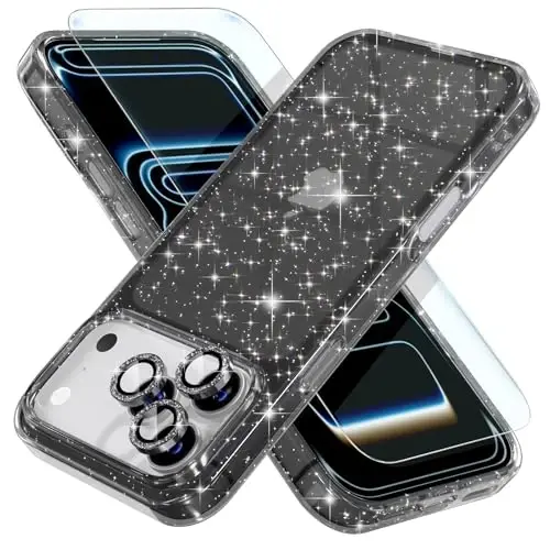 Choiche Compatible for iPhone 17 Pro Case, Women Cute Clear Glitter Bling Sparkly Case, [3 x Diamond Camera Lens Protectors] [2 x Tempered Glass Screen Protectors] 6.3-inch (Glitter Black) - CHOICHE