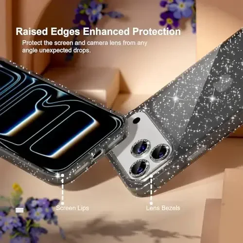 Choiche Compatible for iPhone 17 Pro Case, Women Cute Clear Glitter Bling Sparkly Case, [3 x Diamond Camera Lens Protectors] [2 x Tempered Glass Screen Protectors] 6.3-inch (Glitter Black) - 4