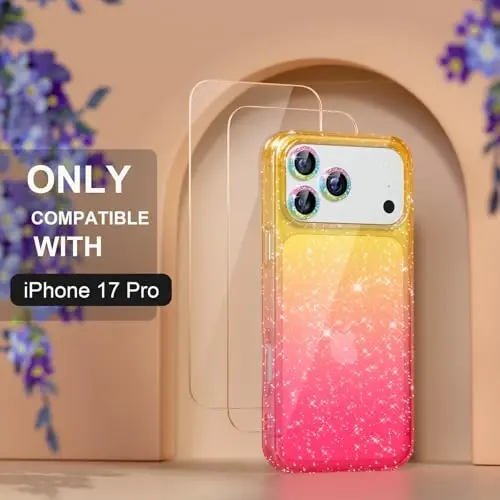 Choiche Compatible for iPhone 17 Pro Case, Women Cute Clear Glitter Bling Sparkly Case, [3 x Diamond Camera Lens Protectors] [2 x Tempered Glass Screen Protectors] 6.3-inch (Glitter Gold/Pink) - CHOICHE (1)