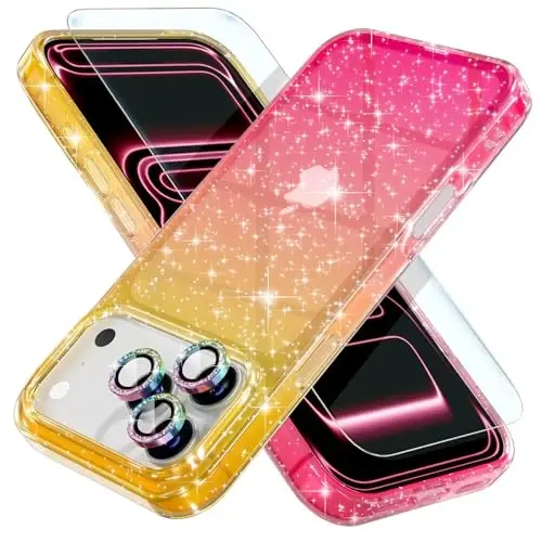Choiche Compatible for iPhone 17 Pro Case, Women Cute Clear Glitter Bling Sparkly Case, [3 x Diamond Camera Lens Protectors] [2 x Tempered Glass Screen Protectors] 6.3-inch (Glitter Gold/Pink) - CHOICHE
