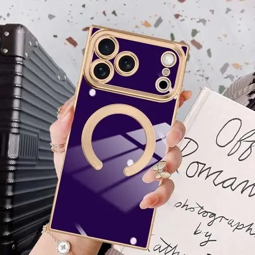 KANGHAR Case Designed for iPhone 17 Pro Magnetic [Compatible with MagSafe] Luxury Cute Plating Design Case Full-Body Anti-Scratch Shockproof Bumper Protective Cover Dark Purple - 6