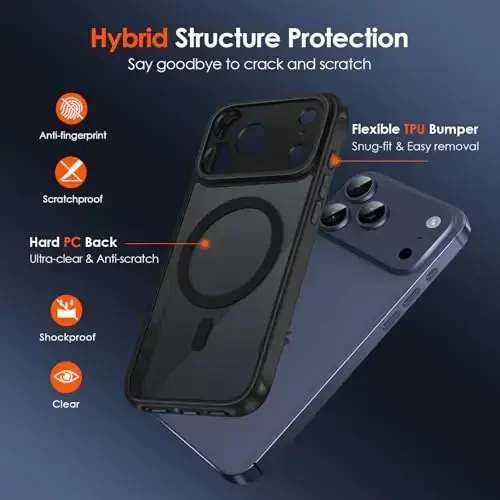 ivoler Magnetic Case for iPhone 17 Pro Max 6.9'' [Compatible with Magsafe] [15 FT Military Grade Protection] Magnetic Charger Case Bumper for, Frosted Translucent Back for 17 Pro Max - Black - 3
