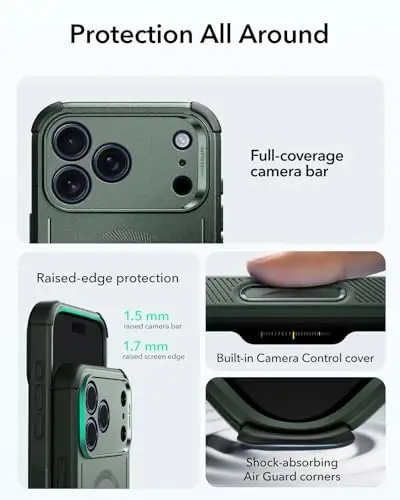 ESR for iPhone 17 Pro Max Case, 7X Military-Grade Drop Protection, Shock-Absorbing Rugged Cover with Camera Control Button, MagSafe Accessories Compatible, Cyber Series, Olive Green - 4