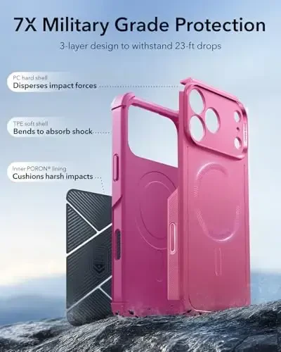 ESR for iPhone 17 Pro Max Case, 7X Military-Grade Drop Protection, Shock-Absorbing Rugged Cover with Camera Control Button, MagSafe Accessories Compatible, Cyber Series, Rosy Pink - 5