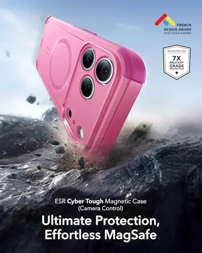 ESR for iPhone 17 Pro Max Phone Case, 7X Military-Grade Drop Protection, Shock-Absorbing Rugged Cover with Camera Control Button, MagSafe Accessories Compatible, Cyber Series, Rosy Pink - 3