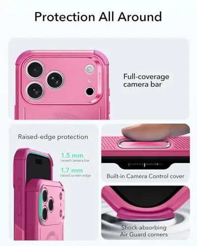 ESR for iPhone 17 Pro Max Phone Case, 7X Military-Grade Drop Protection, Shock-Absorbing Rugged Cover with Camera Control Button, MagSafe Accessories Compatible, Cyber Series, Rosy Pink - 4