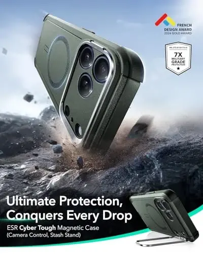 ESR for iPhone 17 Pro Max Case with Stash Stand, 7X Military-Grade Drop Protection with Camera Control, Shock-Absorbing Phone Rugged Cover, Compatible with MagSafe Accessories, Cyber Series, Green - 3