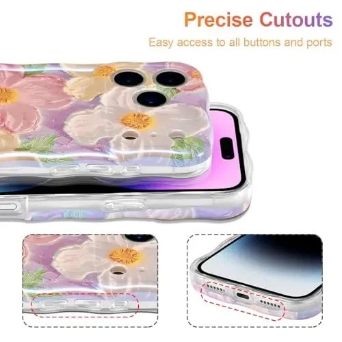 EYZUTAK Case for iPhone 17 Pro Max, Colorful Retro Oil Painting Printed Flower Laser Glossy Pattern Cute Curly Wave Edge Exquisite Phone Cover Stylish Durable TPU Protective Case for Girl Women-Pink - 5