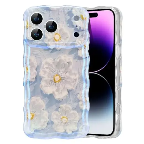EYZUTAK Case for iPhone 17 Pro Max, Colorful Retro Oil Painting Flower Laser Glossy Pattern Cute Curly Wave Edge Exquisite Phone Cover Stylish Durable TPU Protective Case for Girl Women - Light Blue 