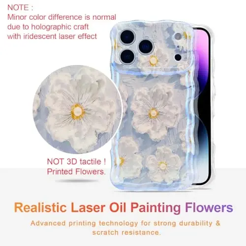 EYZUTAK Case for iPhone 17 Pro Max, Colorful Retro Oil Painting Flower Laser Glossy Pattern Cute Curly Wave Edge Exquisite Phone Cover Stylish Durable TPU Protective Case for Girl Women - Light Blue - EYZUTAK (1)
