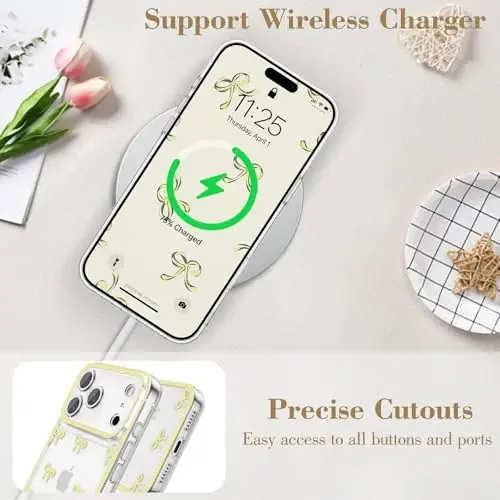 EYZUTAK Case for iPhone 17 Pro Max, Clear Cute Ribbon Bowknot Pattern Aesthetic Transparent Phone Case Raised Camera Protection Stylish Slim Soft Durable TPU Protective Cover for Women Girls - Yellow - 9
