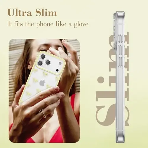 EYZUTAK Case for iPhone 17 Pro Max, Clear Cute Ribbon Bowknot Pattern Aesthetic Transparent Phone Case Raised Camera Protection Stylish Slim Soft Durable TPU Protective Cover for Women Girls - Yellow - 4