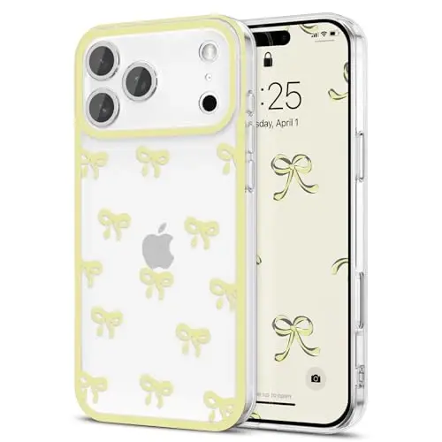 EYZUTAK Case for iPhone 17 Pro Max, Clear Cute Ribbon Bowknot Pattern Aesthetic Transparent Phone Case Raised Camera Protection Stylish Slim Soft Durable TPU Protective Cover for Women Girls - Yellow - 1