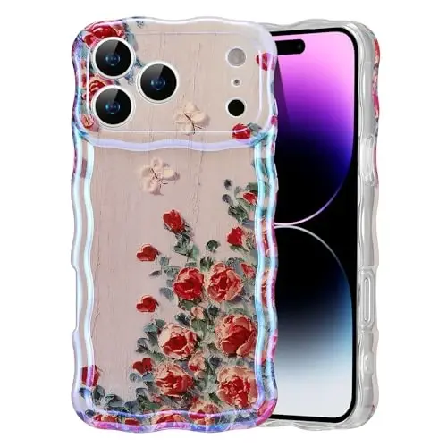iPhone 17 Pro Max için EYZUTAK Kılıfı, Renkli Retro Yağlı Boya Baskılı Çiçek Lazer Parlak Desen Sevimli Kıvırcık Dalga Kenarlı Zarif Telefon Kapağı Şık Dayanıklı TPU Koruyucu Kılıf Kız Kadın-Bej 