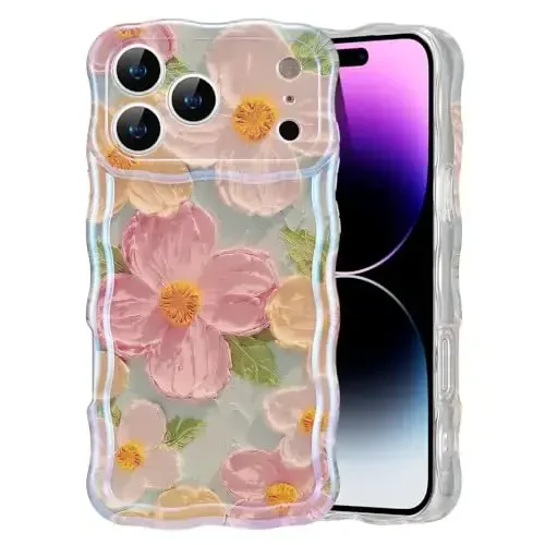 EYZUTAK Case for iPhone 17 Pro Max, Colorful Retro Oil Painting Printed Flower Laser Glossy Pattern Cute Curly Wave Edge Exquisite Phone Cover Stylish Durable TPU Protective Case for Girl Women-Green - 1