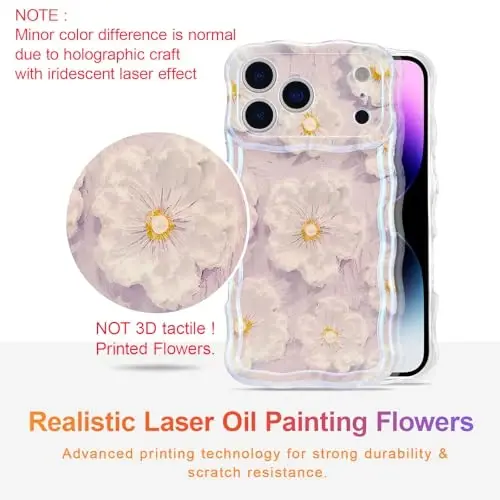 EYZUTAK Case for iPhone 17 Pro Max, Colorful Retro Oil Painting Flower Laser Glossy Pattern Cute Curly Wave Edge Exquisite Phone Cover Stylish Durable TPU Protective Case for Girl Women - Light Purple - 2