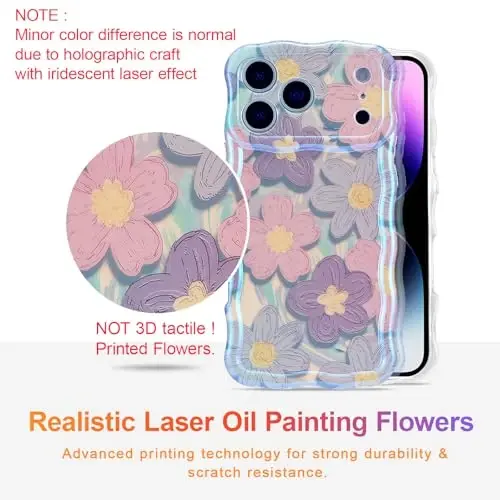 EYZUTAK Case for iPhone 17 Pro Max, Colorful Retro Oil Painting Flower Laser Glossy Pattern Cute Curly Wave Edge Exquisite Phone Cover Stylish Durable TPU Protective Case for Girls Women - Pink Purple - 2