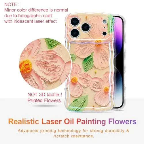 EYZUTAK Case for iPhone 17 Pro Max, Colorful Retro Oil Painting Flower Leaf Laser Glossy Pattern Cute Curly Waves Edge Exquisite Phone Cover Stylish Durable TPU Protective Case for Women - Pink Green - EYZUTAK (1)