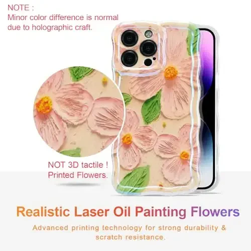 EYZUTAK Case for iPhone 17 Pro Max, Colorful Retro Oil Painting Flower Leaf Laser Glossy Pattern Cute Curly Waves Edge Exquisite Phone Cover Stylish Durable TPU Protective Case for Women - Pink Green - 3