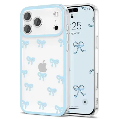 EYZUTAK Case for iPhone 17 Pro Max, Clear Cute Ribbon Bowknot Pattern Aesthetic Transparent Phone Case Raised Camera Protection Stylish Slim Soft Durable TPU Protective Cover for Women Girls - Blue - 1