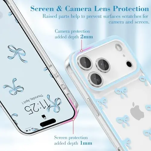EYZUTAK Case for iPhone 17 Pro Max, Clear Cute Ribbon Bowknot Pattern Aesthetic Transparent Phone Case Raised Camera Protection Stylish Slim Soft Durable TPU Protective Cover for Women Girls - Blue - 2