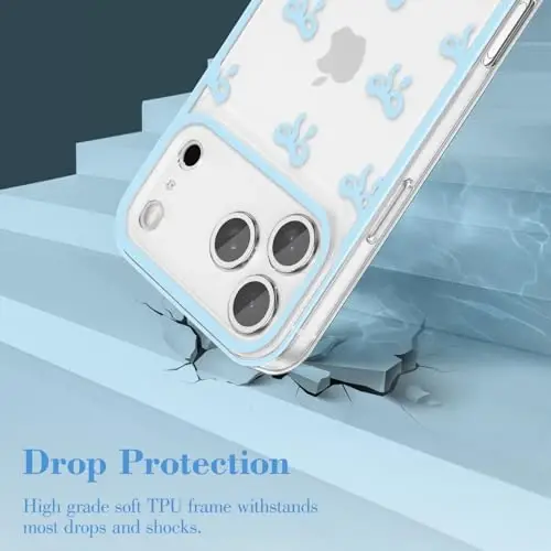 EYZUTAK Case for iPhone 17 Pro Max, Clear Cute Ribbon Bowknot Pattern Aesthetic Transparent Phone Case Raised Camera Protection Stylish Slim Soft Durable TPU Protective Cover for Women Girls - Blue - 3