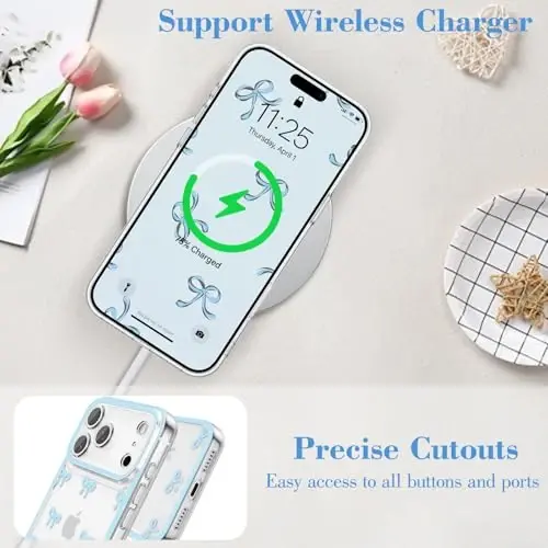 EYZUTAK Case for iPhone 17 Pro Max, Clear Cute Ribbon Bowknot Pattern Aesthetic Transparent Phone Case Raised Camera Protection Stylish Slim Soft Durable TPU Protective Cover for Women Girls - Blue - 5