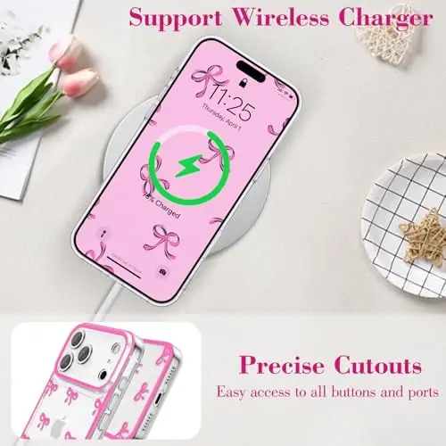 EYZUTAK Case for iPhone 17 Pro Max, Clear Cute Ribbon Bowknot Pattern Aesthetic Transparent Phone Case Raised Camera Protection Stylish Slim Soft Durable TPU Protective Cover for Women Girls -Rose Red - 5
