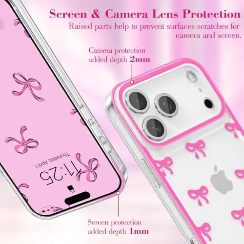 EYZUTAK Case for iPhone 17 Pro Max, Clear Cute Ribbon Bowknot Pattern Aesthetic Transparent Phone Case Raised Camera Protection Stylish Slim Soft Durable TPU Protective Cover for Women Girls -Rose Red - 2