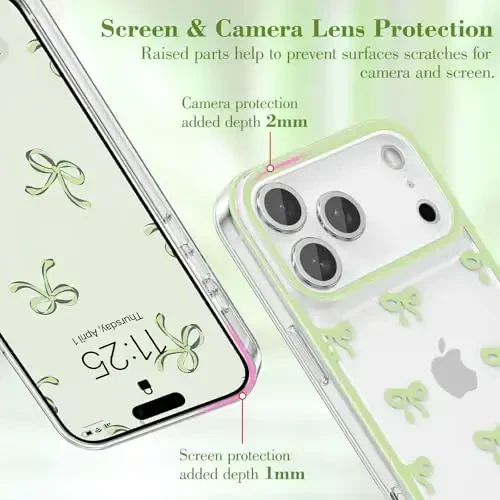 EYZUTAK Case for iPhone 17 Pro Max, Clear Cute Ribbon Bowknot Pattern Aesthetic Transparent Phone Case Raised Camera Protection Stylish Slim Soft Durable TPU Protective Cover for Women Girls - Green - 10