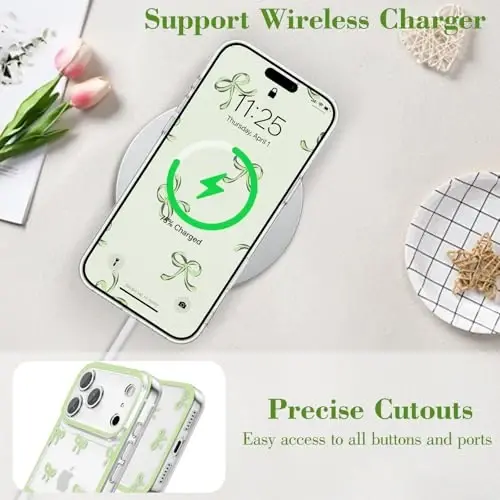EYZUTAK Case for iPhone 17 Pro Max, Clear Cute Ribbon Bowknot Pattern Aesthetic Transparent Phone Case Raised Camera Protection Stylish Slim Soft Durable TPU Protective Cover for Women Girls - Green - 5