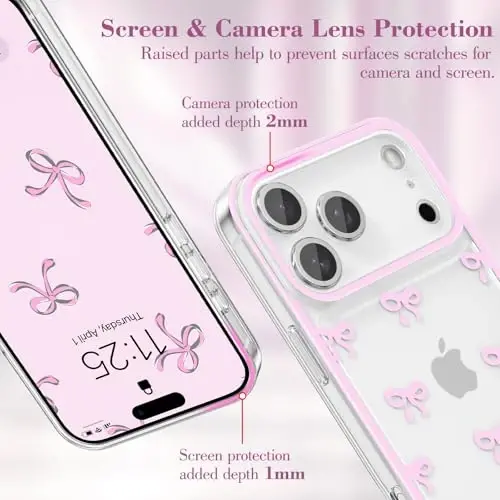 EYZUTAK Case for iPhone 17 Pro Max, Clear Cute Ribbon Bowknot Pattern Aesthetic Transparent Phone Case Raised Camera Protection Stylish Slim Soft Durable TPU Protective Cover for Women Girls - Pink - 9