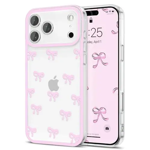 EYZUTAK Case for iPhone 17 Pro Max, Clear Cute Ribbon Bowknot Pattern Aesthetic Transparent Phone Case Raised Camera Protection Stylish Slim Soft Durable TPU Protective Cover for Women Girls - Pink - 1