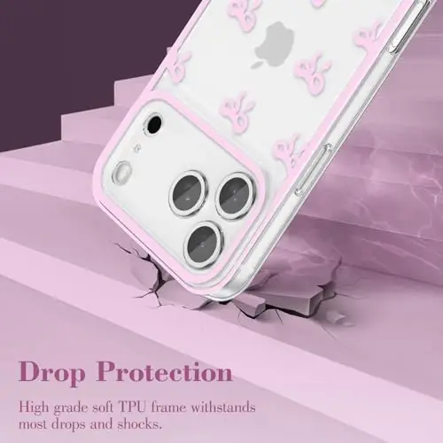 EYZUTAK Case for iPhone 17 Pro Max, Clear Cute Ribbon Bowknot Pattern Aesthetic Transparent Phone Case Raised Camera Protection Stylish Slim Soft Durable TPU Protective Cover for Women Girls - Pink - 3