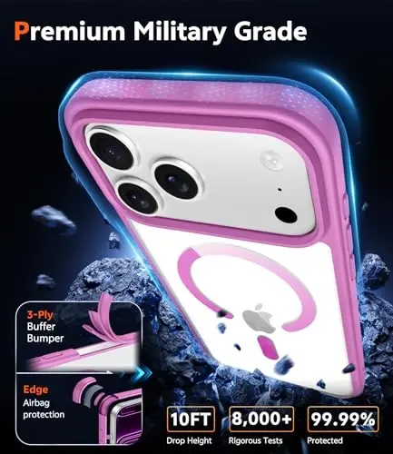 FNTCASE for iPhone 17 Pro-Max Case: Clear Magnetic Phone Cases with Screen Protector Compatible with Magsafe Slim Anti Yellowing Rugged Shockproof Protective Transparent Cell Phone Cover (B-Pink) - 6