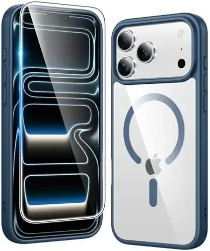 FNTCASE for iPhone 17 Pro-Max Case: Clear Magnetic Phone Cases with Screen Protector Compatible with Magsafe Slim Anti Yellowing Rugged Shockproof Protective Transparent Cell Phone Cover (B-Blue) 