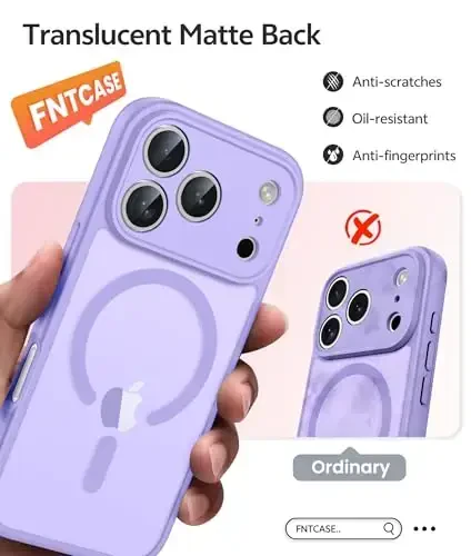 FNTCASE for iPhone 17 Pro Max Case: [Compatible with Magsafe] Translucent Matte Cases with [Full Camera Protection] [Screen Protector] Military Grade Shockproof Protective Phone Cover - Light Purple - 6