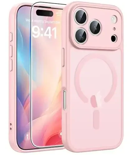 FNTCASE for iPhone 17 Pro Max Case: [Compatible with Magsafe] Translucent Matte Cases with [Full Camera Protection] [Screen Protector] Military Grade Shockproof Protective Phone Cover - Light Pink - 1