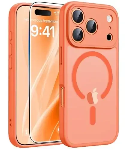 FNTCASE for iPhone 17 Pro Max Case: [Compatible with Magsafe] Translucent Matte Cases with [Full Camera Protection] [Screen Protector] Military Grade Shockproof Protective Phone Cover - Orange - 1