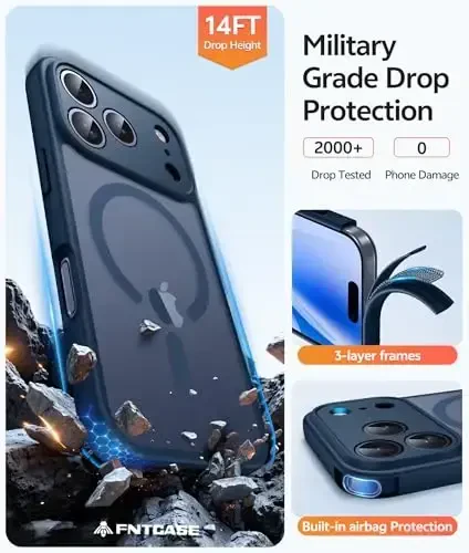 FNTCASE for iPhone 17 Pro Max Case: [Compatible with Magsafe] Translucent Matte Cases with [Full Camera Protection] [Screen Protector] Military Grade Shockproof Protective Phone Cover - Blue - 5