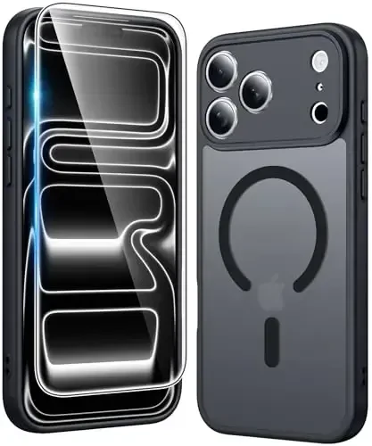 FNTCASE for iPhone 17 Pro-Max Case: Matte Magnetic Phone Cases with Screen Protector Compatible with Magsafe Slim Anti Yellowing Rugged Shockproof Protective Translucent Cell Cover (C-Black) 