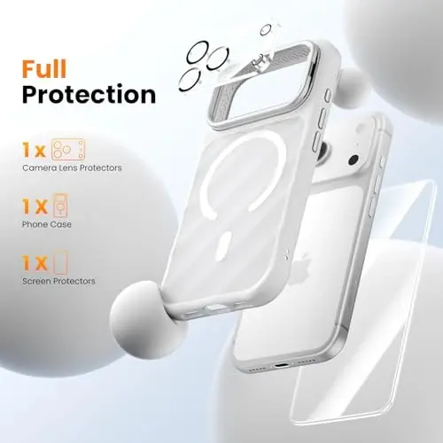 iPhone 17 Pro Max için Kamera Standlı 3'ü 1 Arada Kılıf [1 Ekran Koruyucu & 1 Kamera Lensi Koruyucu] [MagSafe Uyumlu] [Darbeye Dayanıklı & Manyetik] [Yarı Saydam Mat] 17 Pro Max için Moda Telefon Kılıfı (Gümüş) - 3