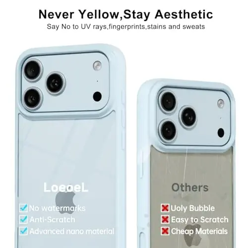 LoeoeL for iPhone 17 Pro Max Case Clear, Transparent Hybrid iPhone 17 Pro Max Phone Case [Hard Plastic & Soft Silicone Bumper] Acrylic Non Yellowing Thin Slim Protective Cover for Women, Light Blue - 4
