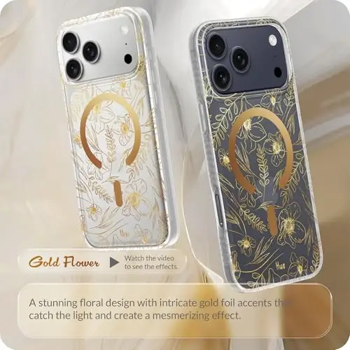 iPhone 17 Pro Max için LONLI Hue Kılıfı - Altın Çiçekli Darbeye Dayanıklı Manyetik Telefon Kılıfı - [Magsafe ile Uyumlu] - Kadınlar ve Kızlar için Zarif, Eşsiz ve Estetik 
