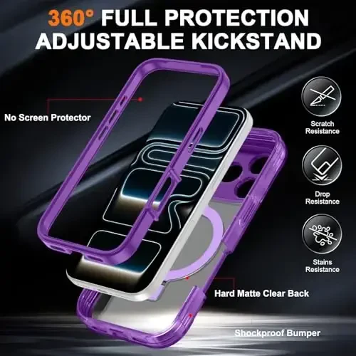 Casehas for iPhone 17 Pro Max Case with Magnetic Invisible Stand [Compatible with MagSafe] Military Drop Protection Shockproof Slim Translucent Skin-Touch Case Cover Violet - 2